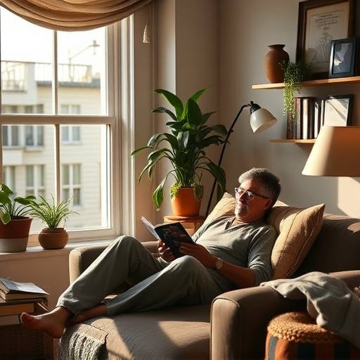 Comfortable portrait of a person reading in the North Beach Living Room studio, capturing a natural and relaxed atmosphere.