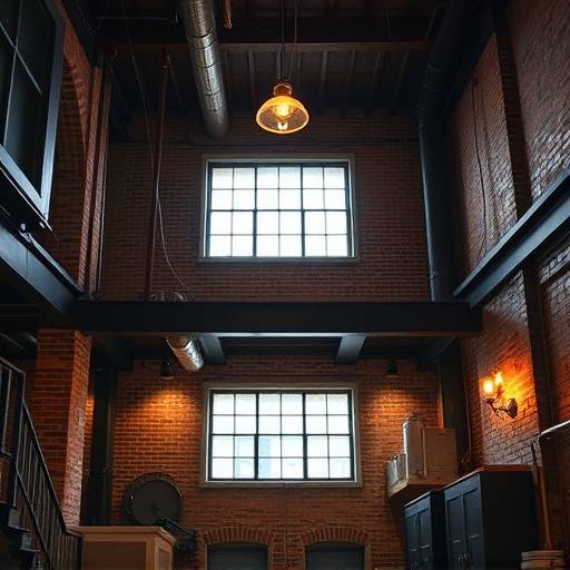Industrial-style studio with exposed brick walls and vintage lighting in the SOMA district of San Francisco.