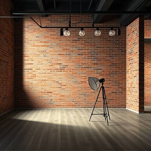 Industrial-style studio with exposed brick and vintage lighting.