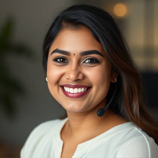 Portrait of Jasmine Patel, the Customer Support Manager, smiling warmly and approachable.